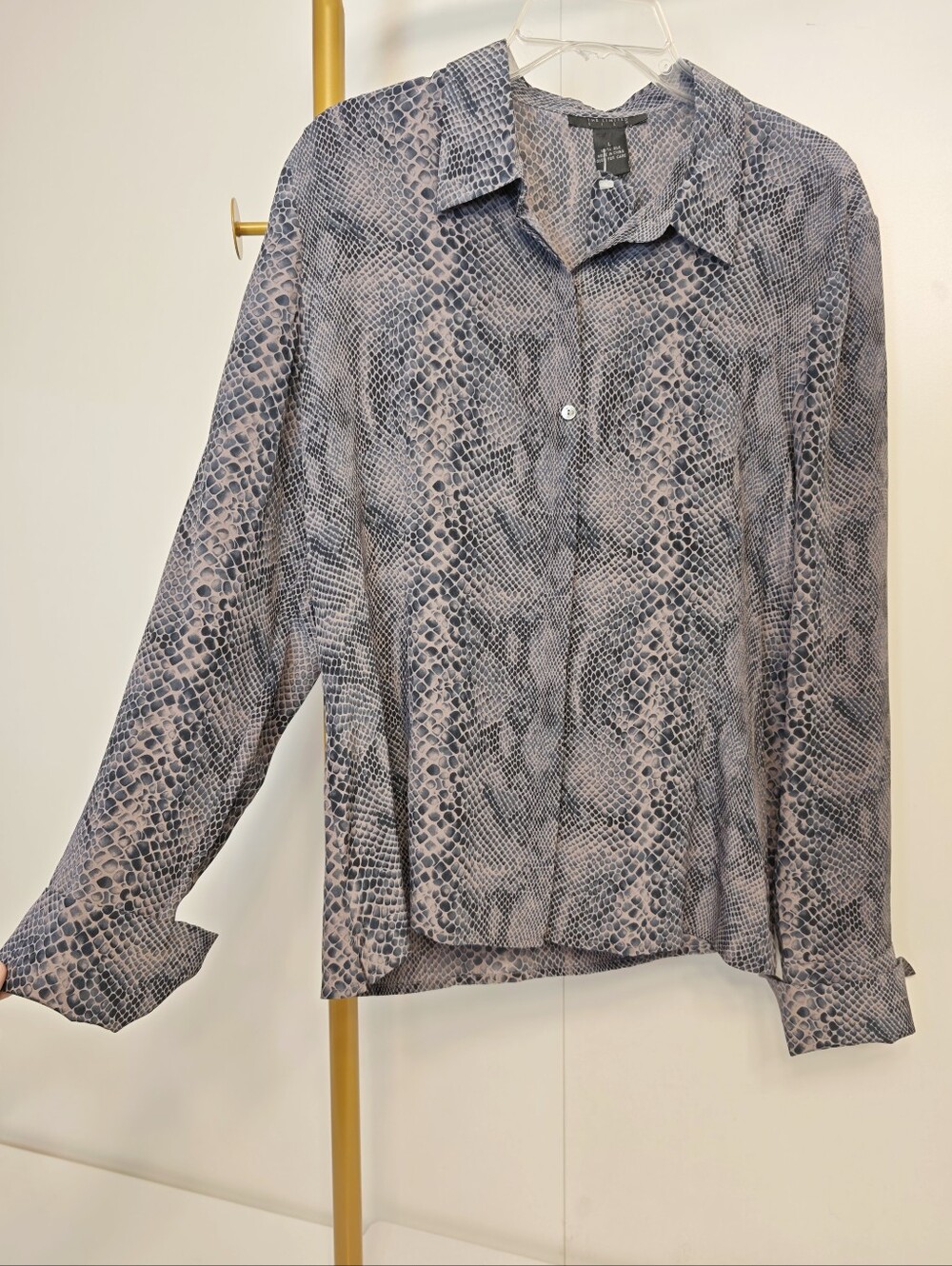 Office Silk The Limited Snake-Print Button Down Blouse in Pink and Gray